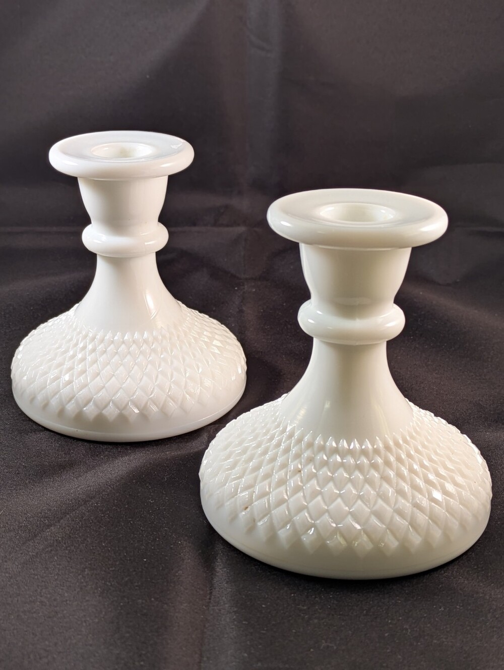 Vintage Westmoreland Diamond Candlesticks Milk Glass Set